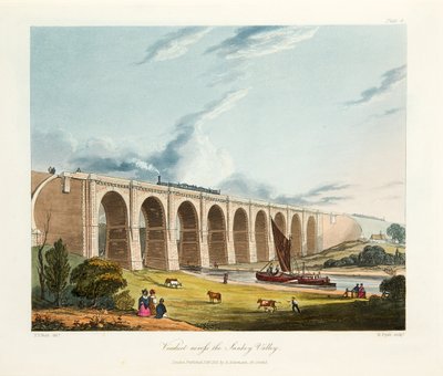 Viaduct Across the Sankey Valley (hand coloured engraving) by Thomas Talbot Bury